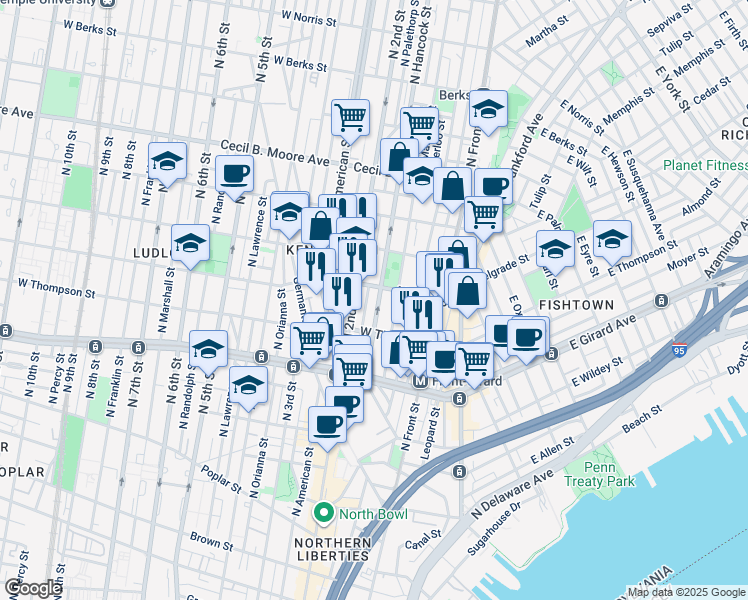 map of restaurants, bars, coffee shops, grocery stores, and more near 1344 North Hancock Street in Philadelphia