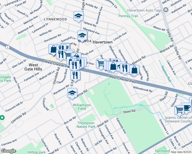 map of restaurants, bars, coffee shops, grocery stores, and more near 8 Columbus Avenue in Havertown