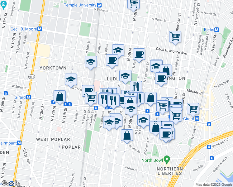map of restaurants, bars, coffee shops, grocery stores, and more near 1306 North Marshall Street in Philadelphia