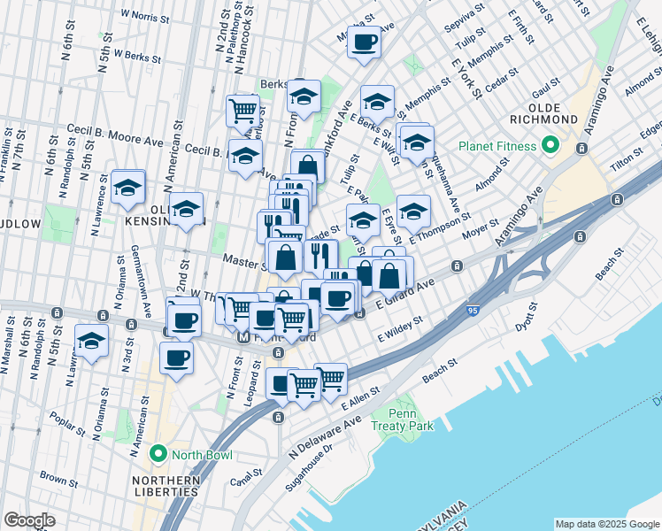 map of restaurants, bars, coffee shops, grocery stores, and more near 1311 East Oxford Street in Philadelphia