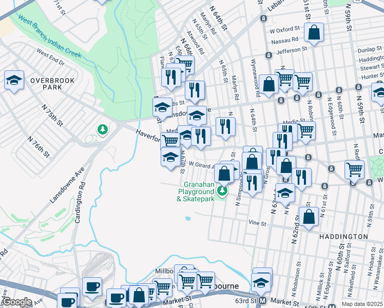map of restaurants, bars, coffee shops, grocery stores, and more near 6602 Haverford Avenue in Philadelphia