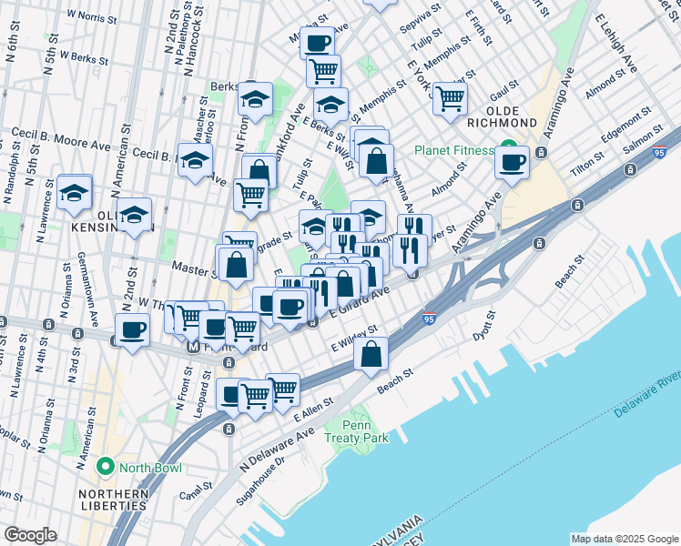 map of restaurants, bars, coffee shops, grocery stores, and more near 1245 East Palmer Street in Philadelphia