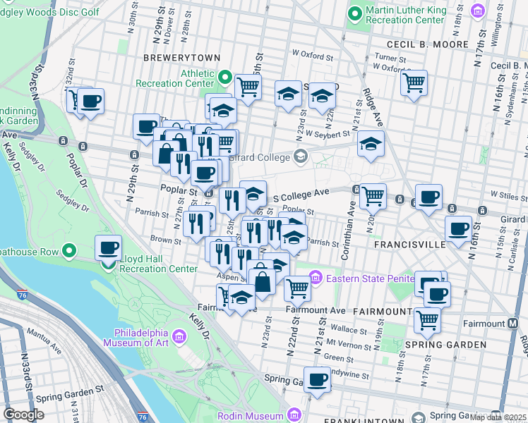 map of restaurants, bars, coffee shops, grocery stores, and more near 877 North 24th Street in Philadelphia