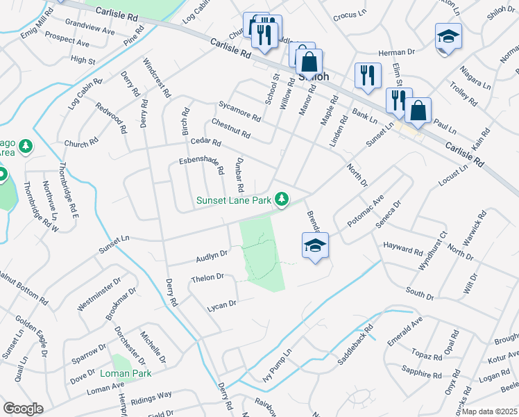 map of restaurants, bars, coffee shops, grocery stores, and more near 2443 Sunset Lane in York
