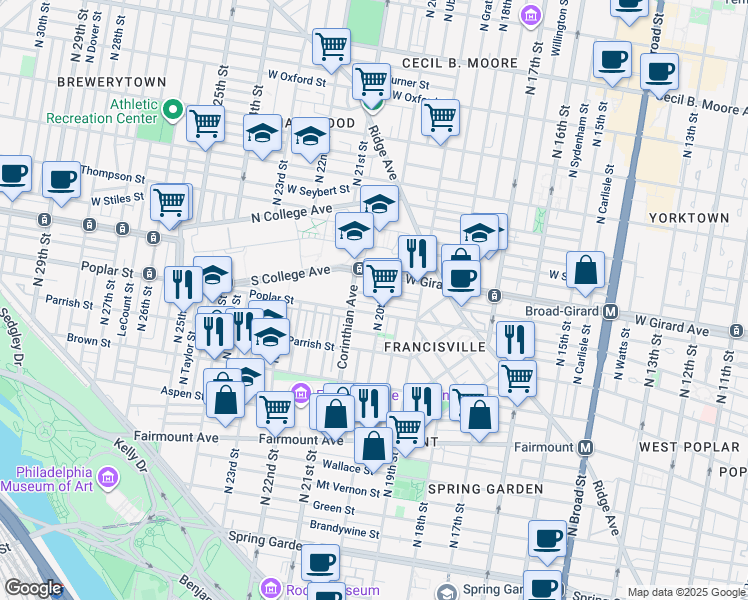 map of restaurants, bars, coffee shops, grocery stores, and more near 2006 Cambridge Street in Philadelphia