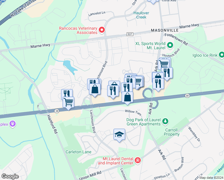 map of restaurants, bars, coffee shops, grocery stores, and more near 1905A Sedgefield Drive in Mount Laurel Township