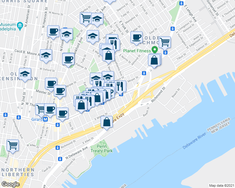 map of restaurants, bars, coffee shops, grocery stores, and more near in Philadelphia