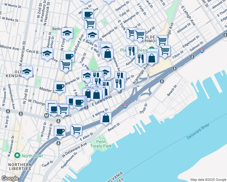 map of restaurants, bars, coffee shops, grocery stores, and more near in Philadelphia