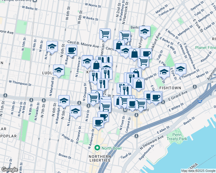 map of restaurants, bars, coffee shops, grocery stores, and more near in Philadelphia