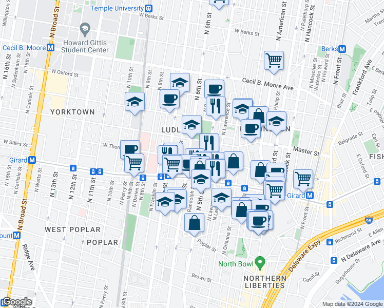 map of restaurants, bars, coffee shops, grocery stores, and more near 1314 North Randolph Street in Philadelphia