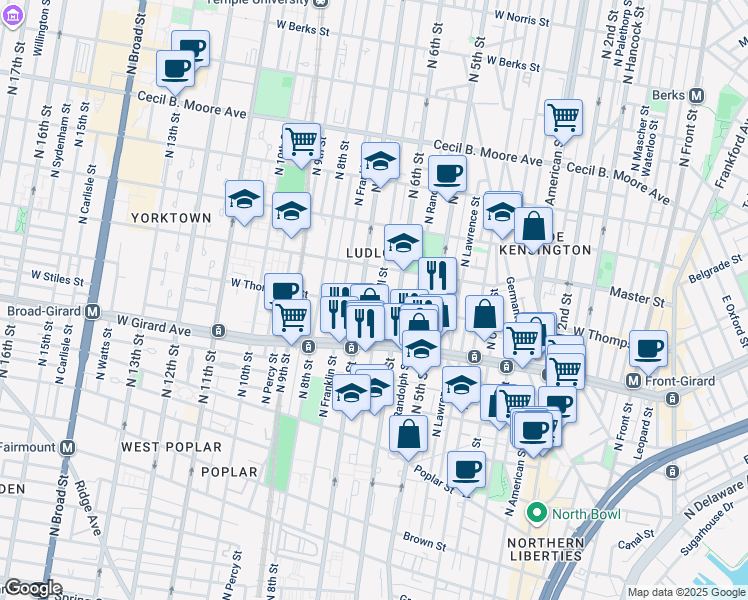 map of restaurants, bars, coffee shops, grocery stores, and more near 1306 North Marshall Street in Philadelphia
