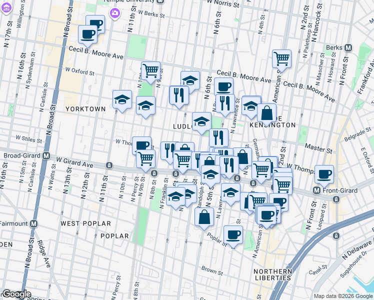 map of restaurants, bars, coffee shops, grocery stores, and more near 1309 North Marshall Street in Philadelphia