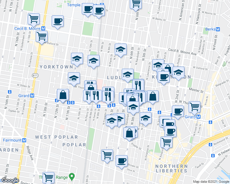 map of restaurants, bars, coffee shops, grocery stores, and more near 1301 North Franklin Street in Philadelphia