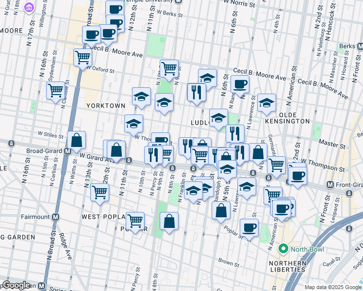 map of restaurants, bars, coffee shops, grocery stores, and more near in Philadelphia