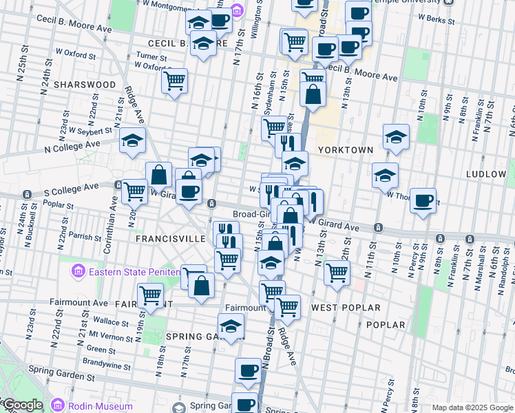 map of restaurants, bars, coffee shops, grocery stores, and more near 1521 West Girard Avenue in Philadelphia