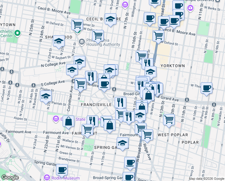 map of restaurants, bars, coffee shops, grocery stores, and more near in Philadelphia