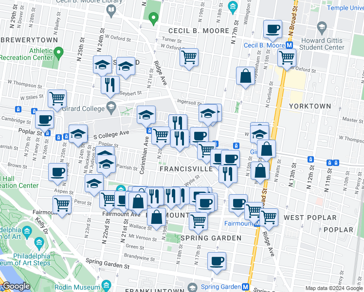 map of restaurants, bars, coffee shops, grocery stores, and more near in Philadelphia