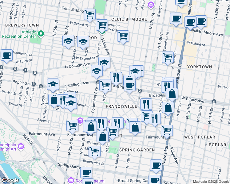 map of restaurants, bars, coffee shops, grocery stores, and more near in Philadelphia