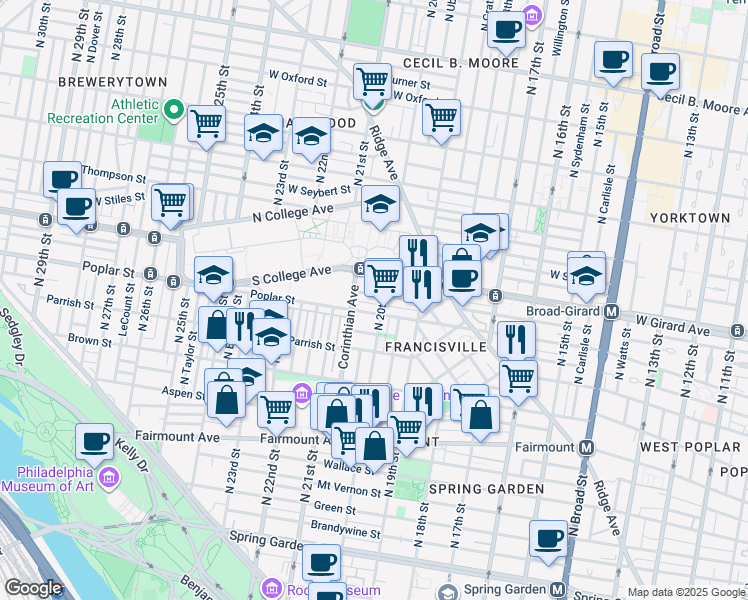 map of restaurants, bars, coffee shops, grocery stores, and more near 2006 Cambridge Street in Philadelphia