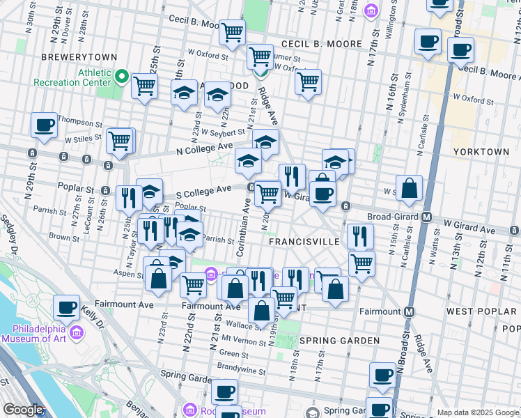 map of restaurants, bars, coffee shops, grocery stores, and more near 2006 Cambridge Street in Philadelphia