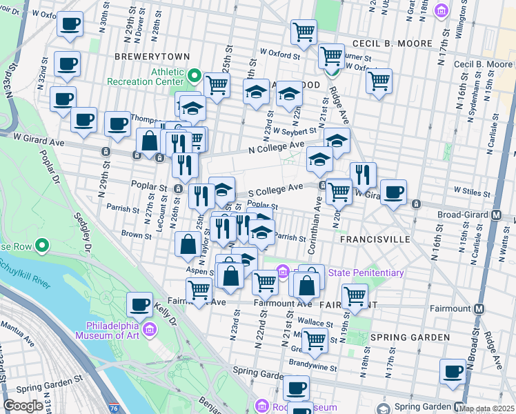 map of restaurants, bars, coffee shops, grocery stores, and more near 2216 Poplar Street in Philadelphia
