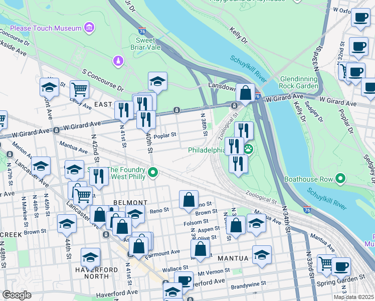 map of restaurants, bars, coffee shops, grocery stores, and more near 3848 Pennsgrove Street in Philadelphia