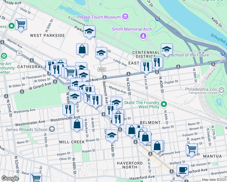 map of restaurants, bars, coffee shops, grocery stores, and more near 1031 Belmont Avenue in Philadelphia