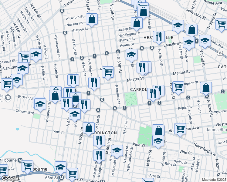 map of restaurants, bars, coffee shops, grocery stores, and more near 1313 North Redfield Street in Philadelphia