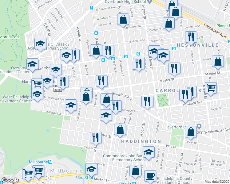 map of restaurants, bars, coffee shops, grocery stores, and more near 6201 Haverford Avenue in Philadelphia