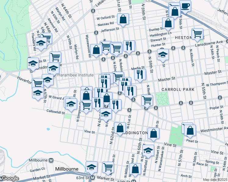 map of restaurants, bars, coffee shops, grocery stores, and more near 6201 Haverford Avenue in Philadelphia