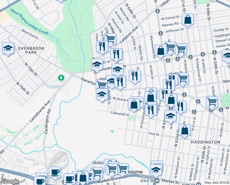 map of restaurants, bars, coffee shops, grocery stores, and more near 6602 Haverford Avenue in Philadelphia
