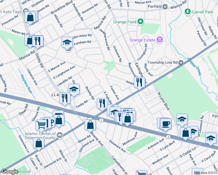 map of restaurants, bars, coffee shops, grocery stores, and more near 142 Foster Avenue in Havertown
