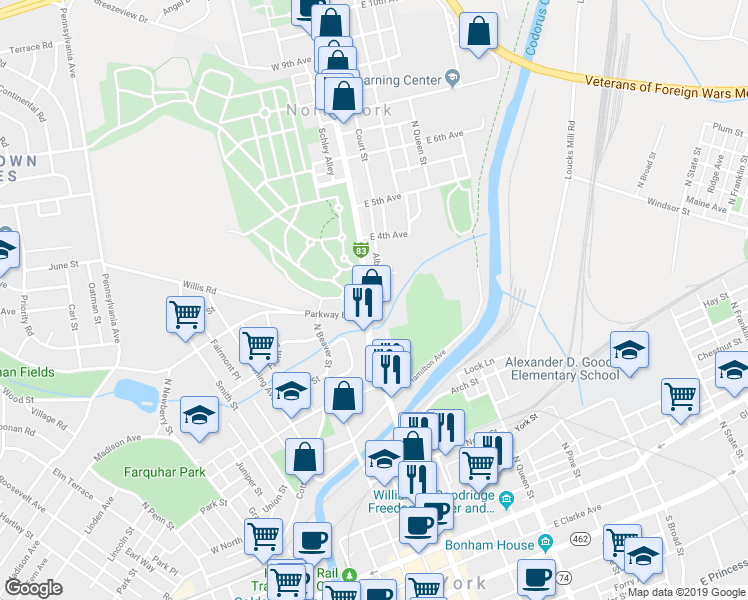 map of restaurants, bars, coffee shops, grocery stores, and more near 651 Albright Avenue in York