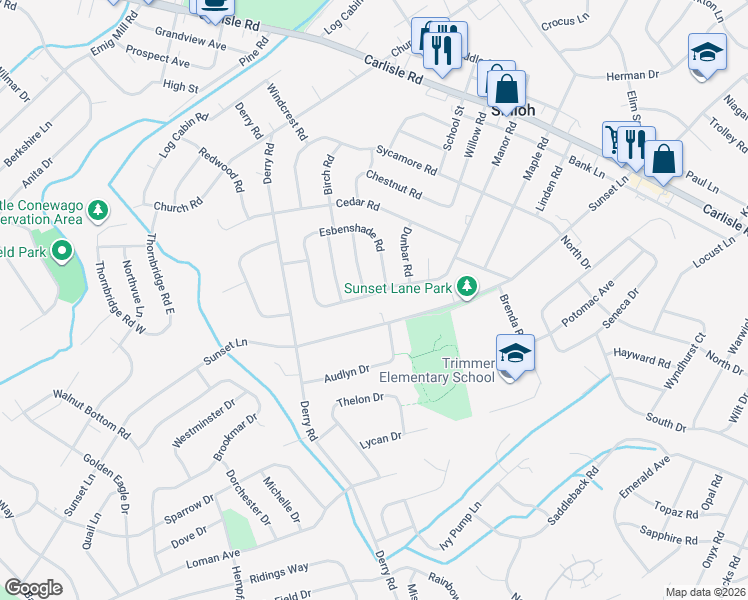 map of restaurants, bars, coffee shops, grocery stores, and more near 2504 Manor Road in York
