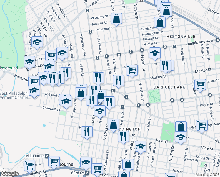 map of restaurants, bars, coffee shops, grocery stores, and more near 6207 Haverford Avenue in Philadelphia