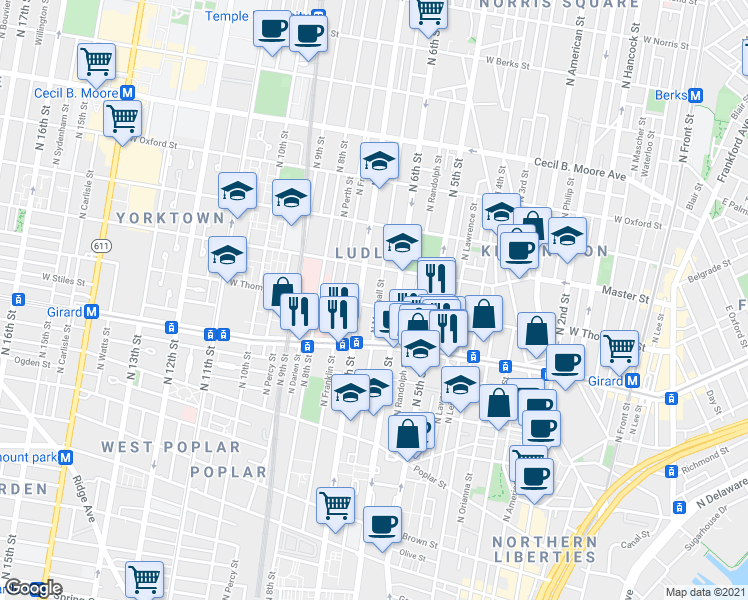 map of restaurants, bars, coffee shops, grocery stores, and more near 1306 North Marshall Street in Philadelphia