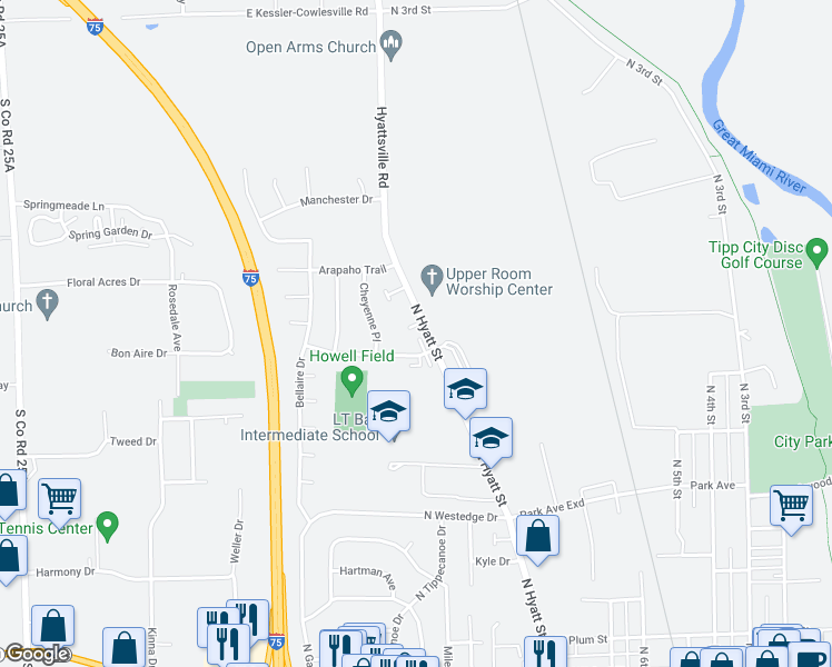 map of restaurants, bars, coffee shops, grocery stores, and more near 625 North Hyatt Street in Tipp City
