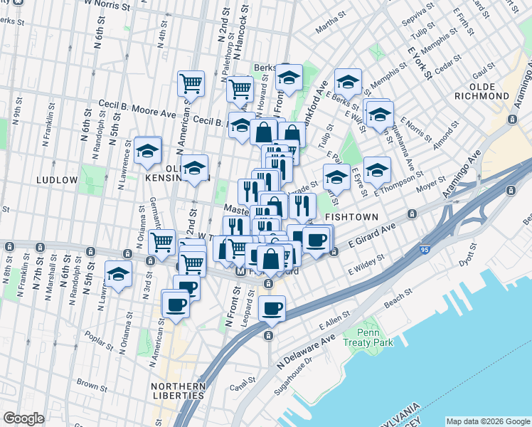 map of restaurants, bars, coffee shops, grocery stores, and more near 1405 North Front Street in Philadelphia