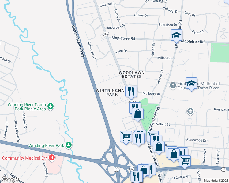 map of restaurants, bars, coffee shops, grocery stores, and more near 1040 Lakewood Road in Toms River