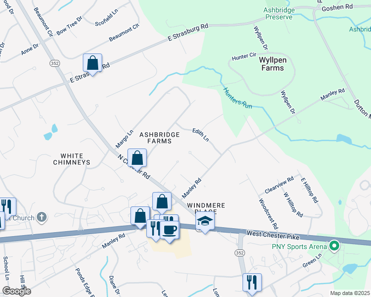 map of restaurants, bars, coffee shops, grocery stores, and more near 207 Hilloch Drive in West Chester