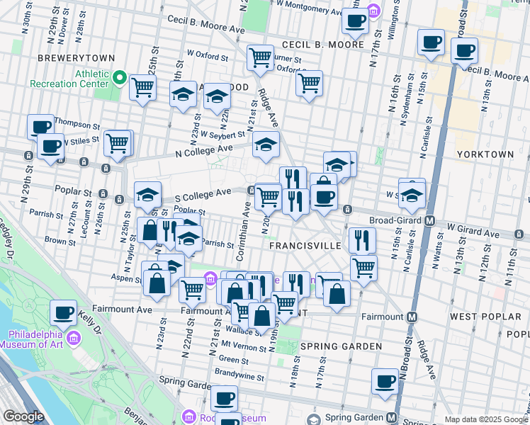 map of restaurants, bars, coffee shops, grocery stores, and more near 914 North 20th Street in Philadelphia