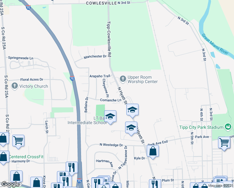 map of restaurants, bars, coffee shops, grocery stores, and more near 625 North Hyatt Street in Tipp City