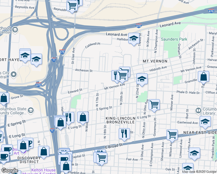 map of restaurants, bars, coffee shops, grocery stores, and more near 992 Mount Vernon Avenue in Columbus