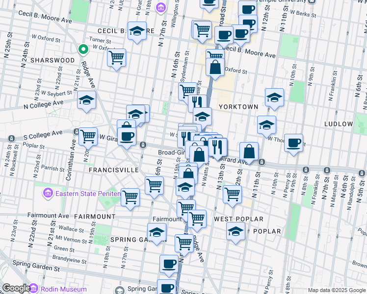 map of restaurants, bars, coffee shops, grocery stores, and more near 1403 West Flora Street in Philadelphia
