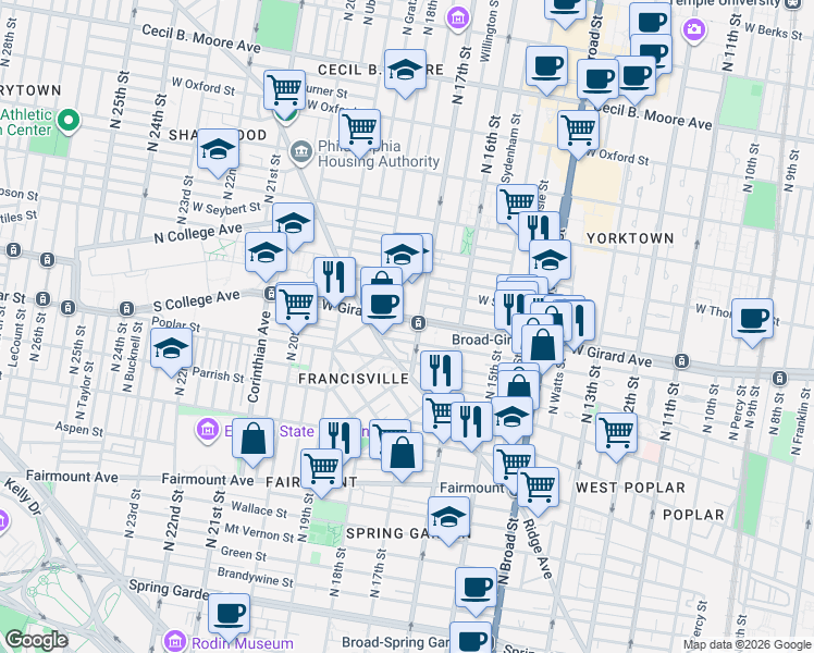 map of restaurants, bars, coffee shops, grocery stores, and more near in Philadelphia