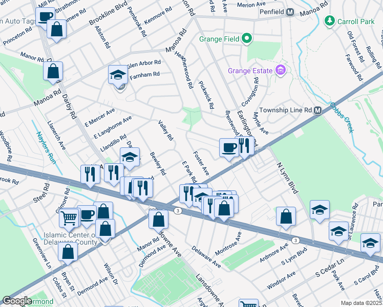 map of restaurants, bars, coffee shops, grocery stores, and more near 142 Foster Avenue in Havertown