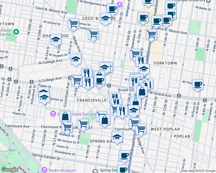 map of restaurants, bars, coffee shops, grocery stores, and more near 1702 West Girard Avenue in Philadelphia