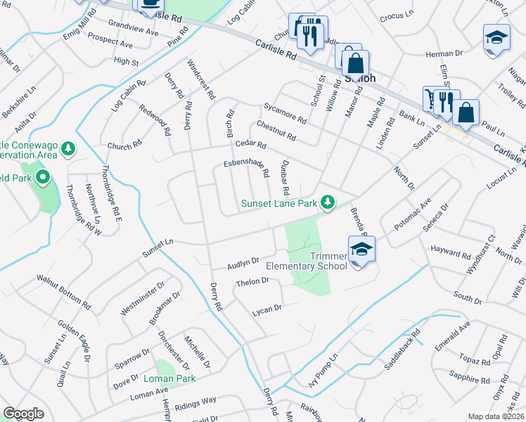 map of restaurants, bars, coffee shops, grocery stores, and more near 2504 Manor Road in York