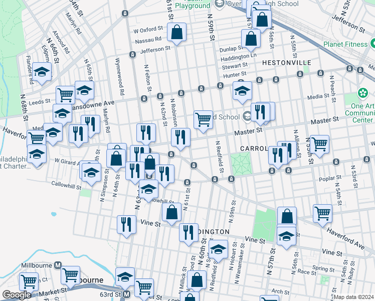 map of restaurants, bars, coffee shops, grocery stores, and more near 1306 North 61st Street in Philadelphia