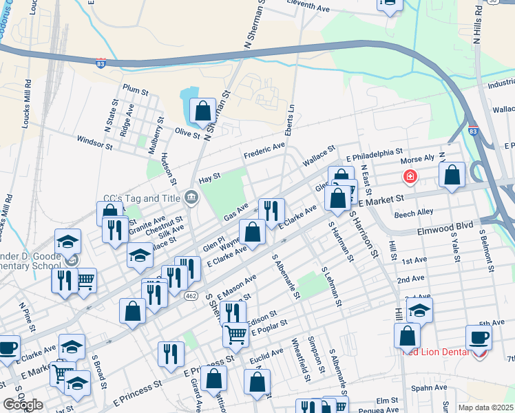 map of restaurants, bars, coffee shops, grocery stores, and more near 993 East Philadelphia Street in York